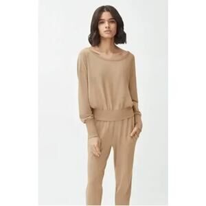 Cuyana French Terry Boatneck Cinched Waist Relaxed Sweatshirt Camel Brown XS